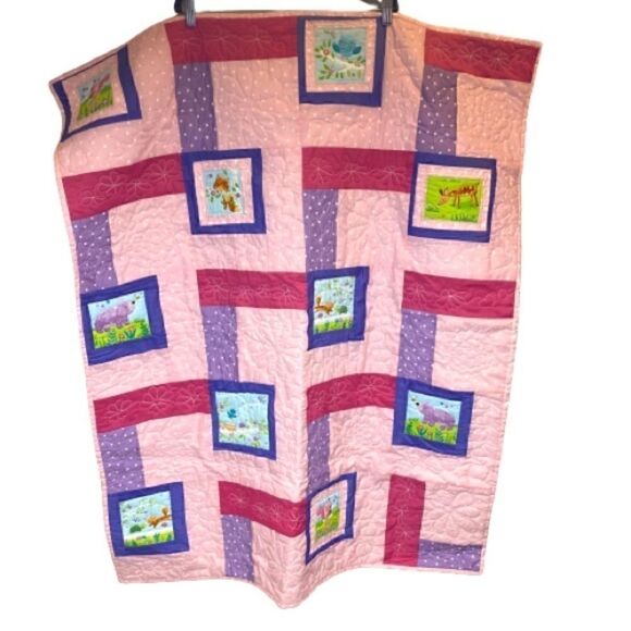 Handmade NWT pink, purple Forrest animal baby or lap quilt size 49” X 40” - Picture 2 of 16